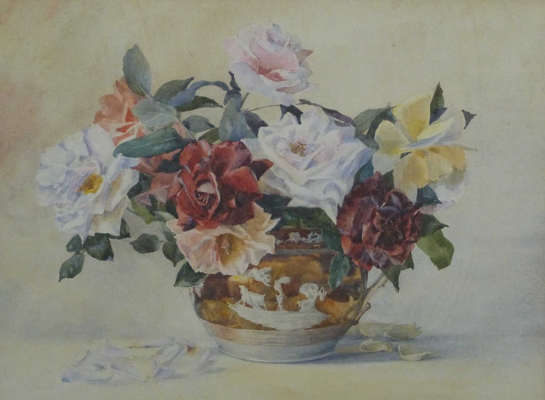 M Bowker watercolour still life of flowers in a jug, framed and glazed, 36 x 47cm