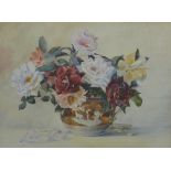 M Bowker watercolour still life of flowers in a jug, framed and glazed, 36 x 47cm