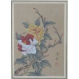 Six Chinese watercolours on silk, all floral designs with birds, butterflies and insects,