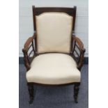 19thC upholstered mahogany chair, probably Aesthetic period