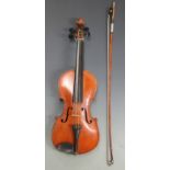 Early to mid 20thC German violin, with 36cm unlabelled two piece flame back, complete with bow