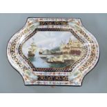 A large Russian porcelain casket with hinged lid, hand decorated with a harbour scene and flowers