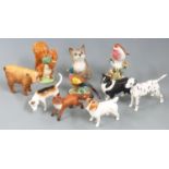 Beswick dog, cat and other figures including Highland calf, fox, hound, Beatrix Potter etc,