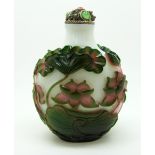 Chinese double glass overlay scent bottle with decoration depicting lily pads and ducks, with