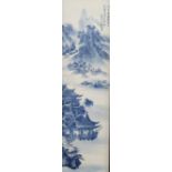 Chinese porcelain plaque decorated with a landscape scene and with calligraphy top right, 72 x 21cm