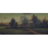 H Cole 19thC oil on board, countryside cottage scene, 17 x 36cm, gilt frame