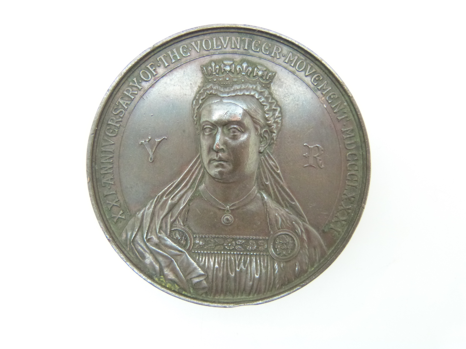 Victorian Anniversary of the Volunteer Movement bronze medal with winged knight verso after Noel - Image 2 of 2