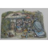 Pen and watercolour novelty scene of mice and crow in front of a house formed as a mushroom, 23 x
