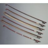 Six various small/children's ¾ etc violin bows, one with Parisian eye, also includes J La Salle