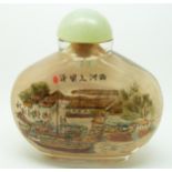 Japanese reverse painted glass scent bottle depicting a market scene, with hardstone stopper, 10cm