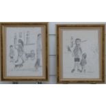 Two pencil drawings of figures in a naive style, both bearing signatures L S Lowry and dated '61,
