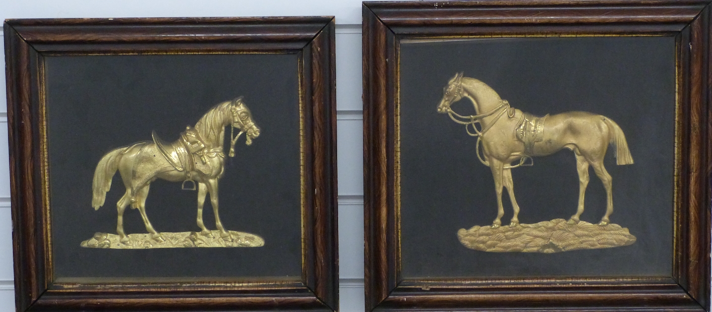 Pair of high profile gilt horses, mounted and framed, both 26 x 28cm overall