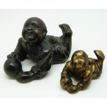 Chinese 19thC bronze model of a boy playing with ball and another smaller example