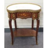 French kidney shaped inlaid and marble topped side table with metal mounts and undershelf, W59 x D38
