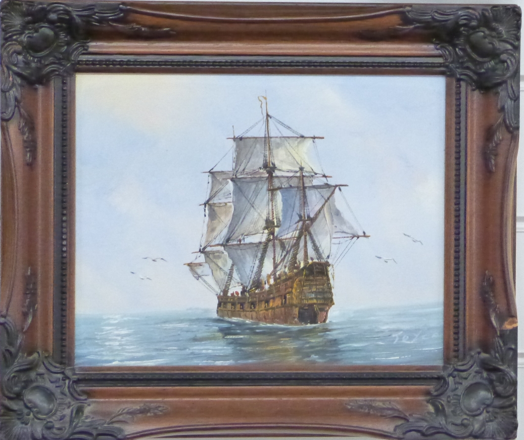 Three oil paintings of ships on quiet seas, two signed Ambrose 20 x 24cm and 24 x 29cm, and the - Image 9 of 9