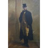 Oil on canvas full length portrait of a man wearing a top hat holding a rinding crop, 90 x 60cm,