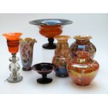 A collection of mainly Czechoslovakian/Bohemian art glass including an electric lamp, tazzas,