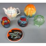 Poole pottery vase, ginger jar and dish, Gibson hand decorated teapot and an Art Deco lamp base,