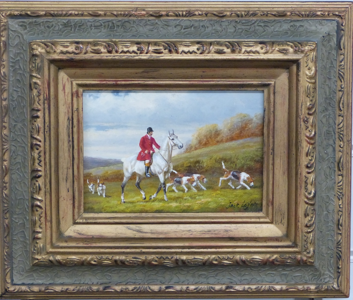 Jack Leyne oil on board of a huntsman with hounds, signed lower right, 11 x 16cm, framed and glazed - Image 2 of 4