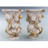 Pair of 18thC Meissen Schneeballen pedestal vases with applied canary and gilded vine decoration,