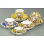 Dresden chocolate pot, cover and saucer, Dresden cups and saucers decorated with Watteau scenes