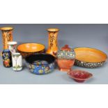 Crown Ducal pair of orange lustre pedestal vases and matching bowl, further Crown Ducal bowls and