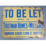 Vintage enamel 'TO BE LET' sign for Trotman Howes & Williams of Shannon Court, Corn St. Bristol,