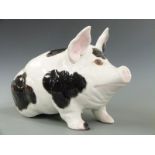 Wemyss pottery large pig with black and white decoration and pink feet and tail, Wemyss Made In