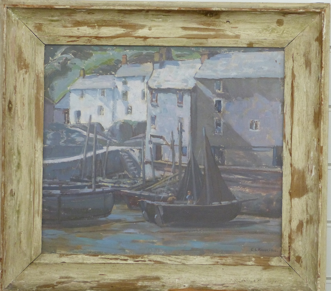 Ethel L Rawlins (1877-1962) oil on board 'Old Homes, Polperro' Cornish harbour scene, signed lower - Image 2 of 4