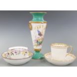 Derby 18thC porcelain cup and saucer, tea bowl and saucer and a 19thC porcelain vase decorated