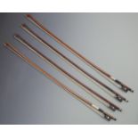 Four round stick violin bows, various button types and grips, plain mother of pearl eyes to frogs
