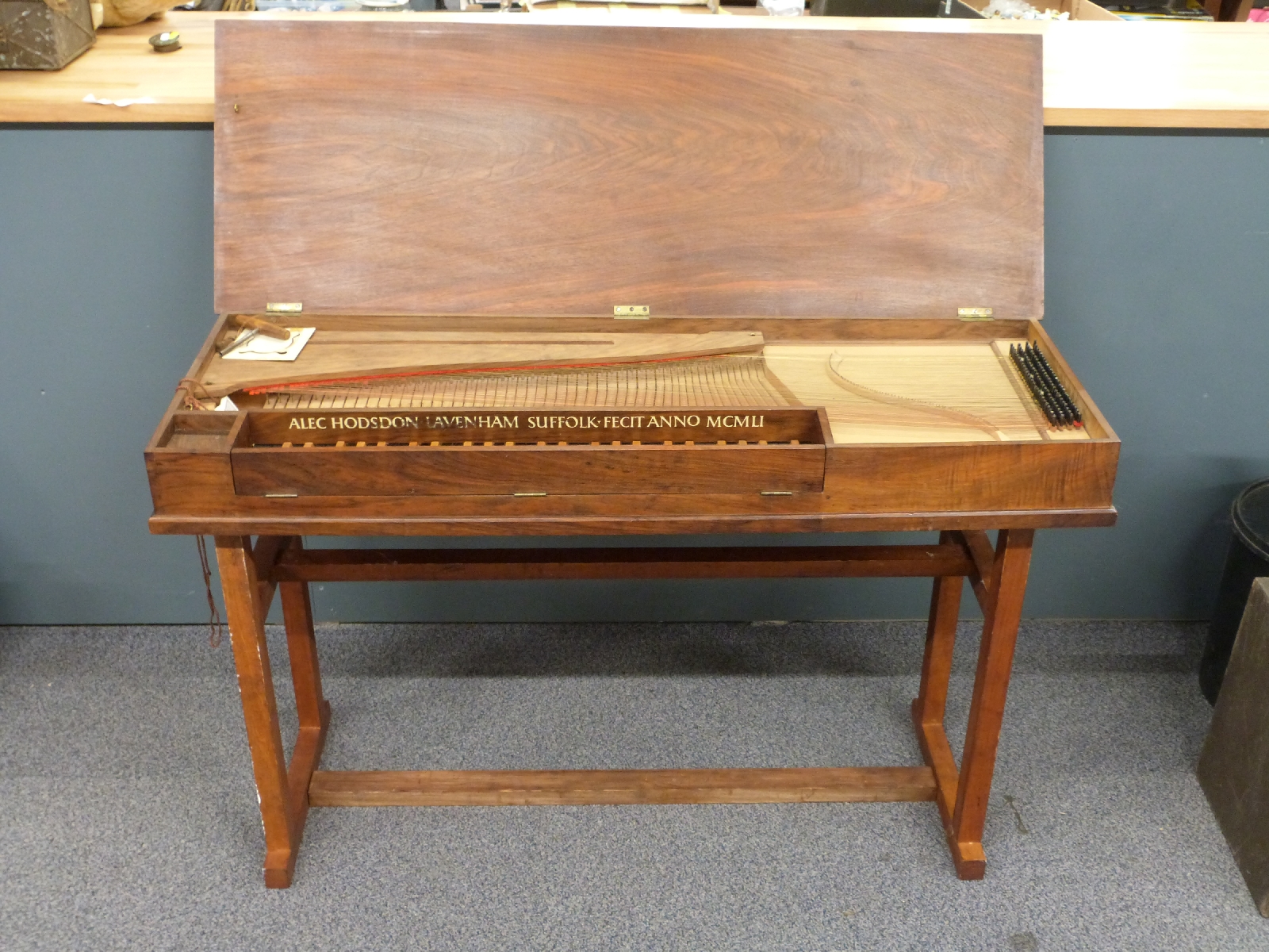 Alec Hodson of Lavenham, Suffolk clavichord in walnut case MCMLI (1951), with ebony keys and boxwood