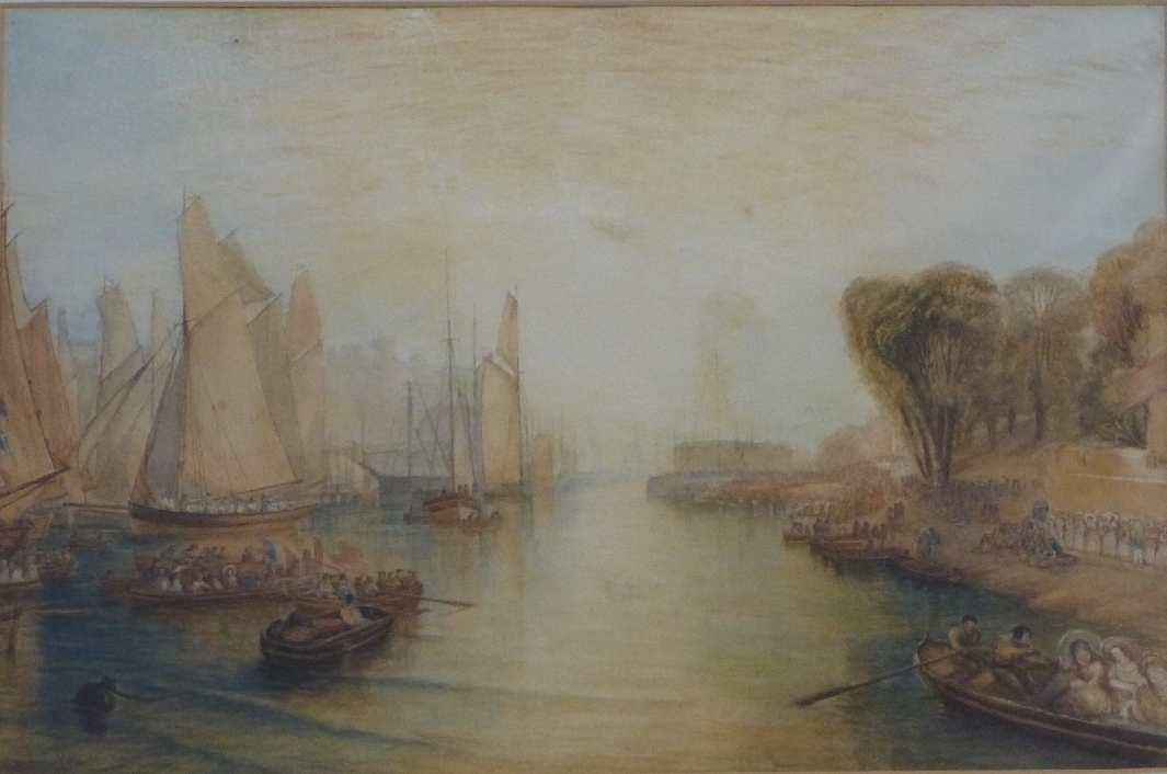 18th/19thC watercolour maritime regatta scene of sailors boarding ships, framed and glazed, 35 x