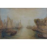 18th/19thC watercolour maritime regatta scene of sailors boarding ships, framed and glazed, 35 x