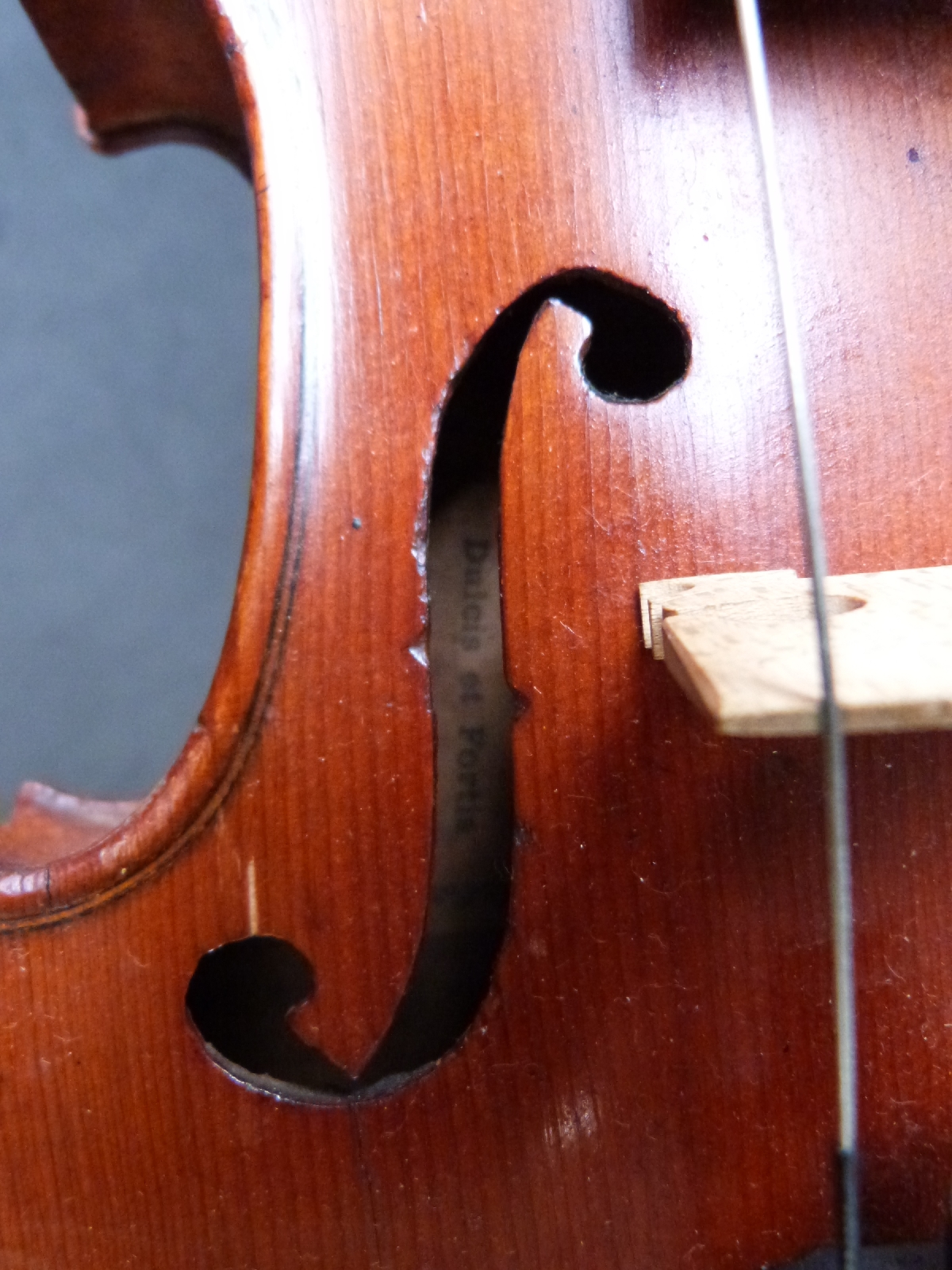 Dulcis et Fortis early 20thC violin with 32.5cm, two piece back, together with bow and case, bow - Image 6 of 6