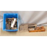 Collection of woodworking tools including rosewood scribe, clamps, planes etc