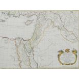 18thC John Blair coloured map of Palestine and surrounding 'Facies Antiqua', 42 x 57cm, framed and
