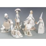 Six Lladro figures including girl with umbrella and Cinderella, tallest 27cm