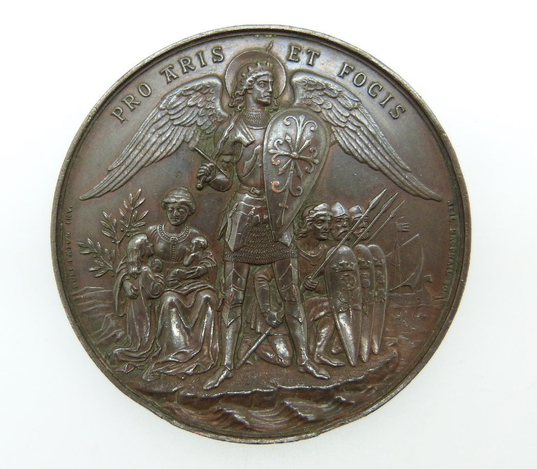 Victorian Anniversary of the Volunteer Movement bronze medal with winged knight verso after Noel