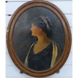 Late 19th/20thC oval oil on board portrait of a lady with scarf and headband, 49 x 40cm