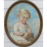 Chalk / pastel drawing of child with basket, monogram EMJ to bottom right, likely early 20thC, 50