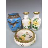 A 19thC cloisonné vase with decoration depicting ducks and flowers, a pair of Chinese cloisonné