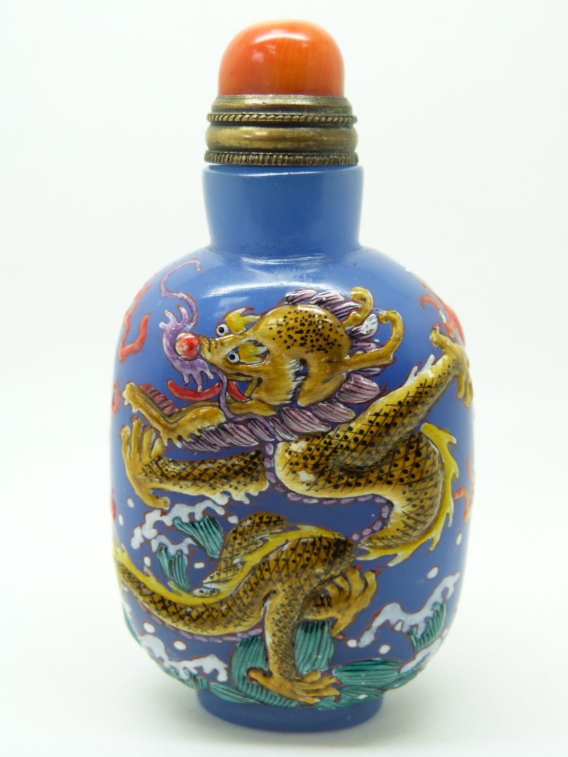 Chinese glass scent bottle with raised enamel dragon decoration and four character mark to base, - Image 2 of 3