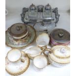 A plated standish/inkwell, Limoges cabinet plate, Victorian tea for two etc