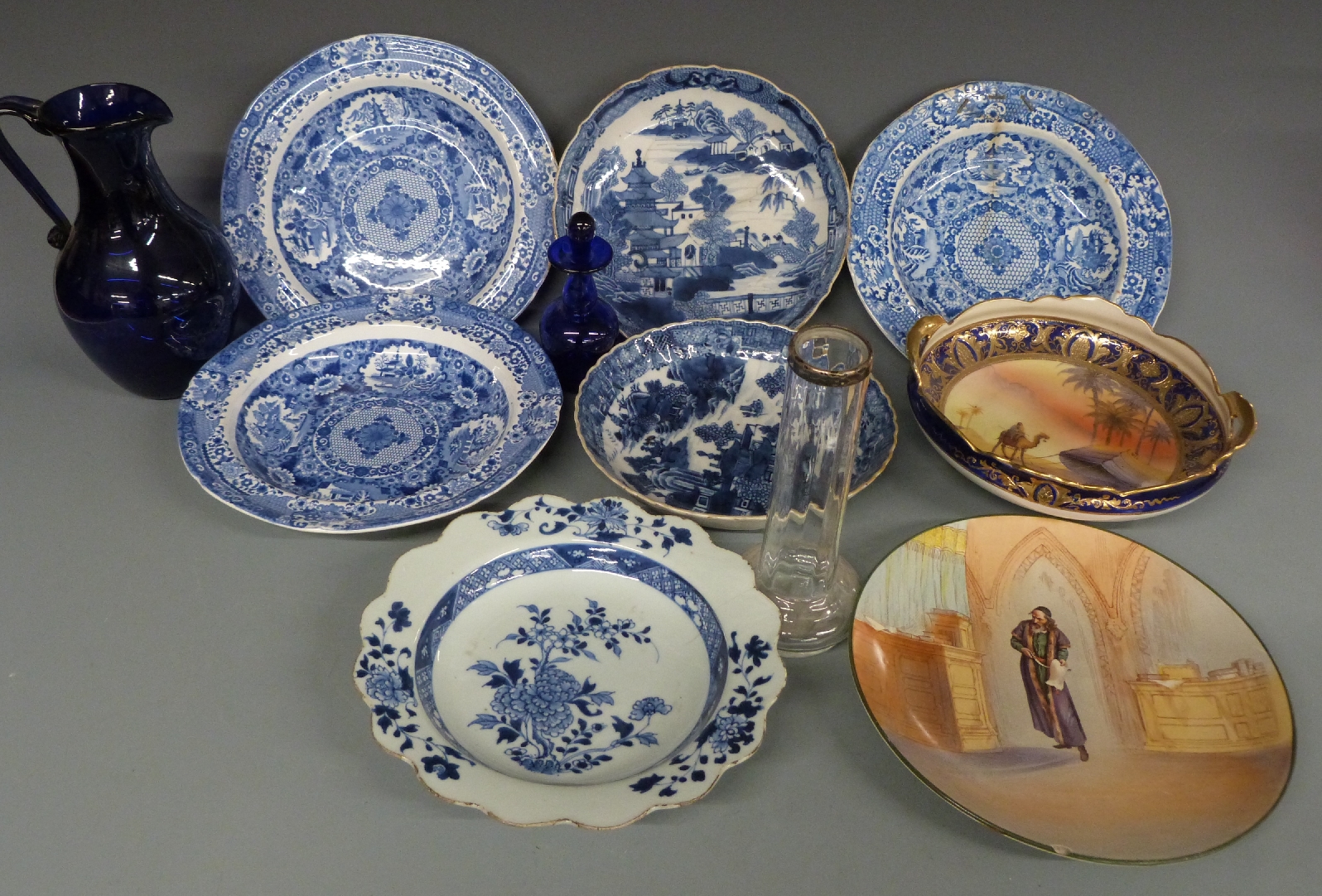 19thC Spode dishes, 18thC Delft dish, 18th/19thC willow pattern dishes, Noritake twin handled dish