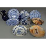 19thC Spode dishes, 18thC Delft dish, 18th/19thC willow pattern dishes, Noritake twin handled dish