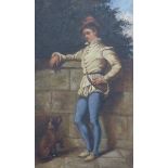 19thC oil on canvas man leaning on a wall with dog by his side, 50 x 29cm, in ornate gilt frame