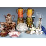 Carltonware Rouge Royale Aladdin's lamp cigarette lighter, pottery coffee set, retro cat vase and