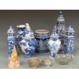 Blue and white ceramics including a pair of covered vases, Delft, German examples etc, tallest