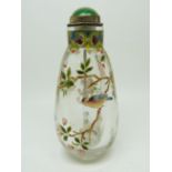 Chinese glass scent bottle with floral and bird decoration, signed to base, 7.5cm tall